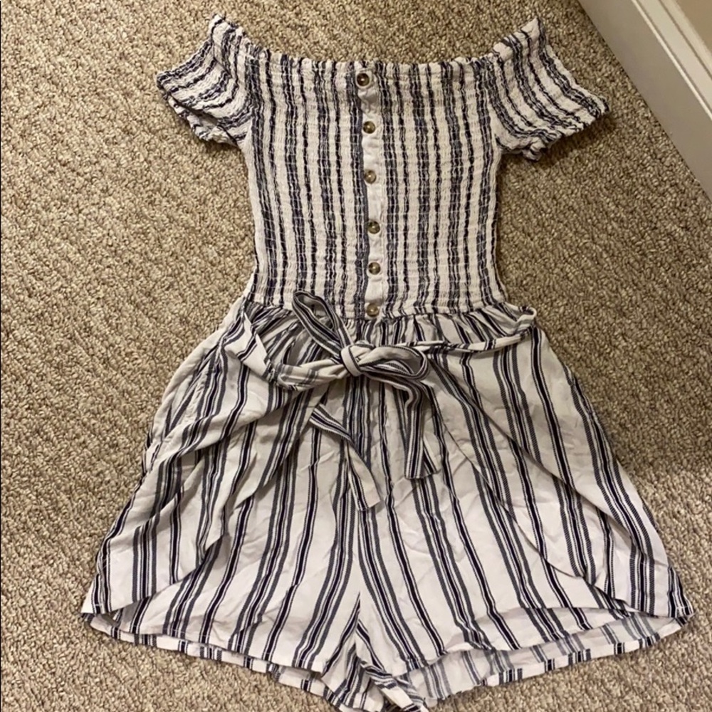 Off the shoulder, navy blue & white striped romper
